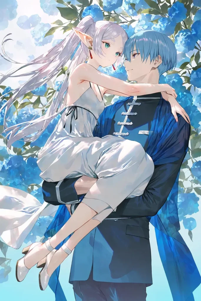 Anime couple in alternate costumes, surrounded by blue flowers with face to face contact.