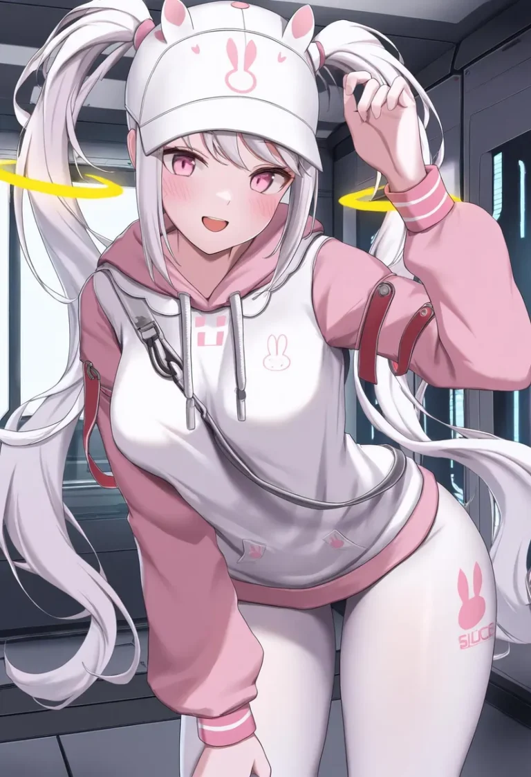 Anime girl with white hair, pink eyes, in a sci-fi setting, wearing a white hoodie and pink sleeves, smiling at the viewer.