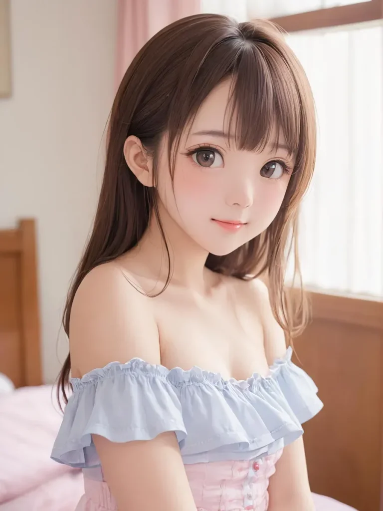 大きな目とオフショルダートップを持つアニメの女の子、stable diffusionを使用してAI生成。