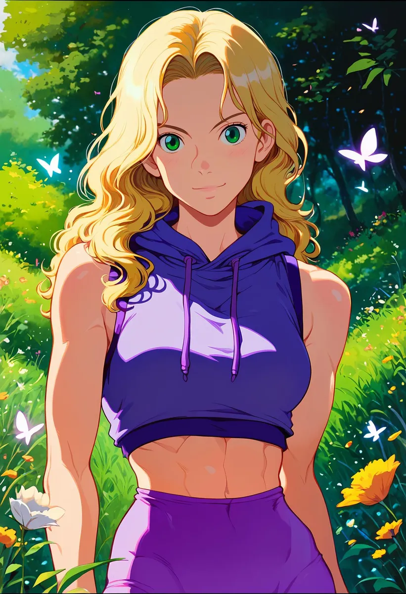 A blonde girl with intense green eyes, wearing a purple sleeveless hoodie, stands in a lush garden surrounded by butterflies.