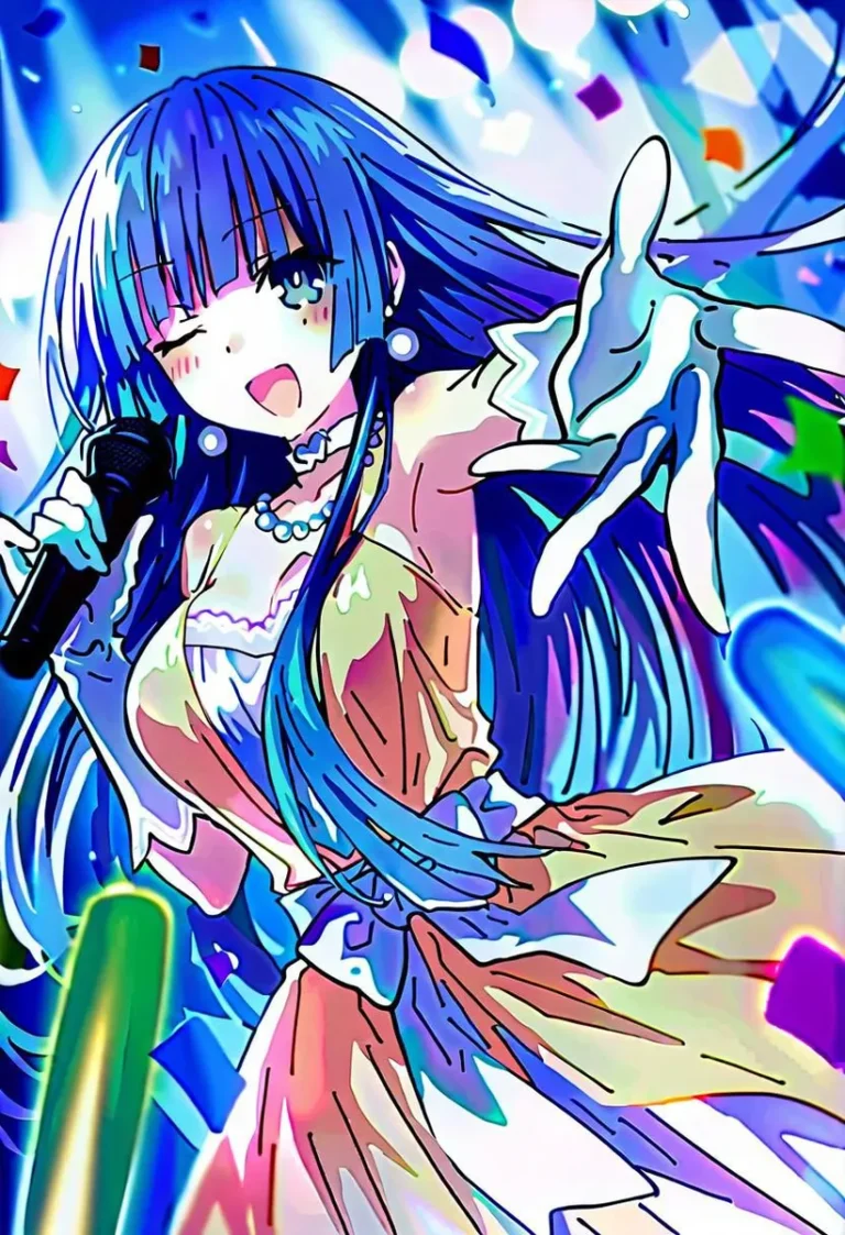 Anime girl with long light purple hair singing on stage, wearing a yellow dress and white gloves, holding a microphone, with colorful confetti around.