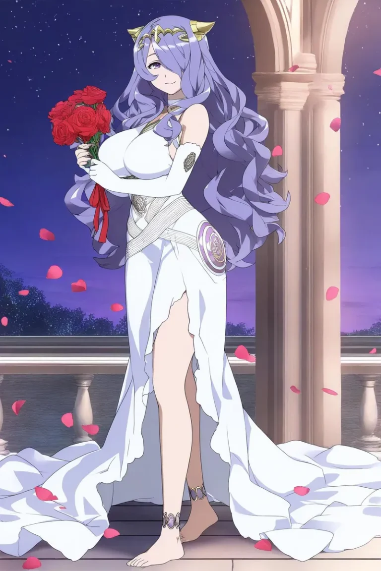 Anime girl with lavender hair and a gold tiara holding roses under a night sky.