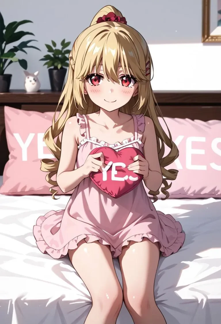 Anime girl with blonde hair and red eyes holding a heart-shaped pillow on a bed with pink 'YES' pillows.