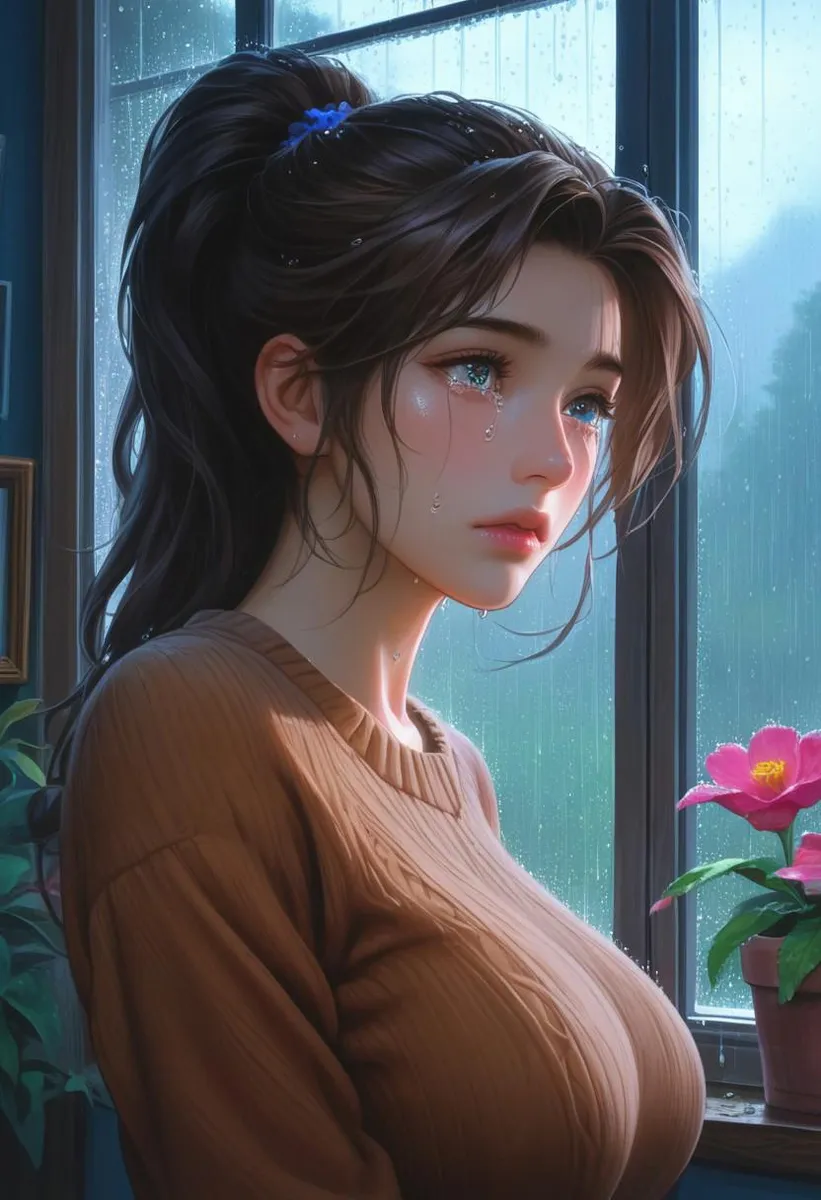 Anime girl with brunette hair and tears, wearing a brown sweater near a window with raindrops, featuring flower pots and ancient paintings.