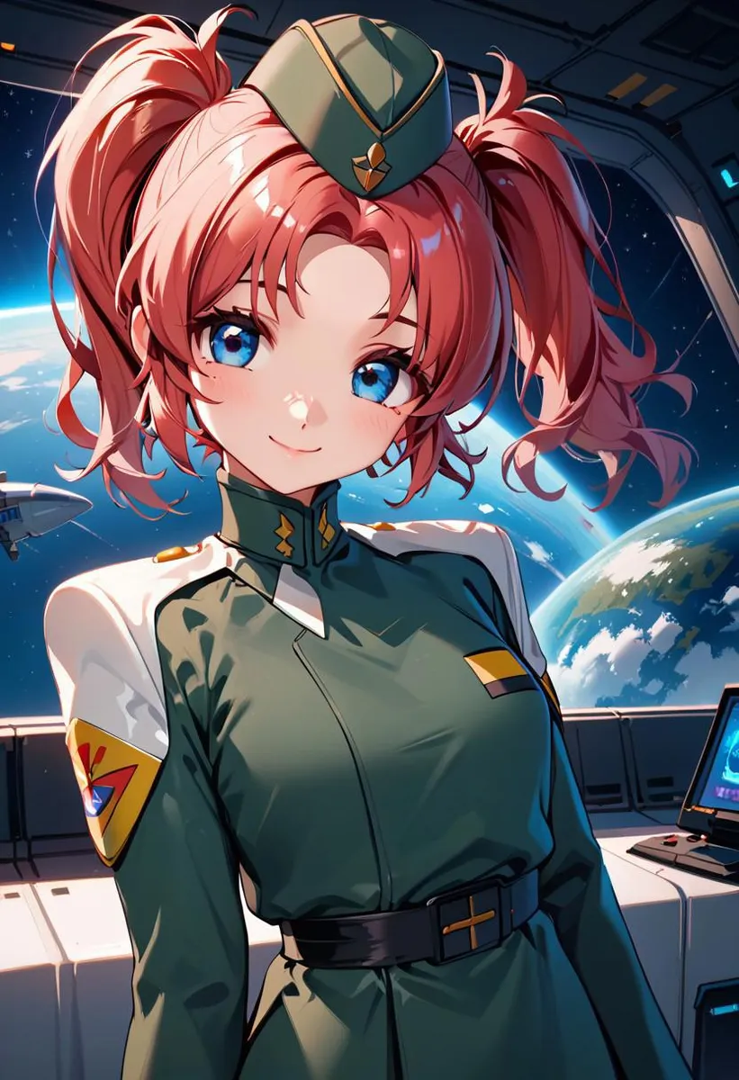 Red-haired anime girl with blue eyes and a green military uniform inside a spacecraft, smiling with Earth visible outside.