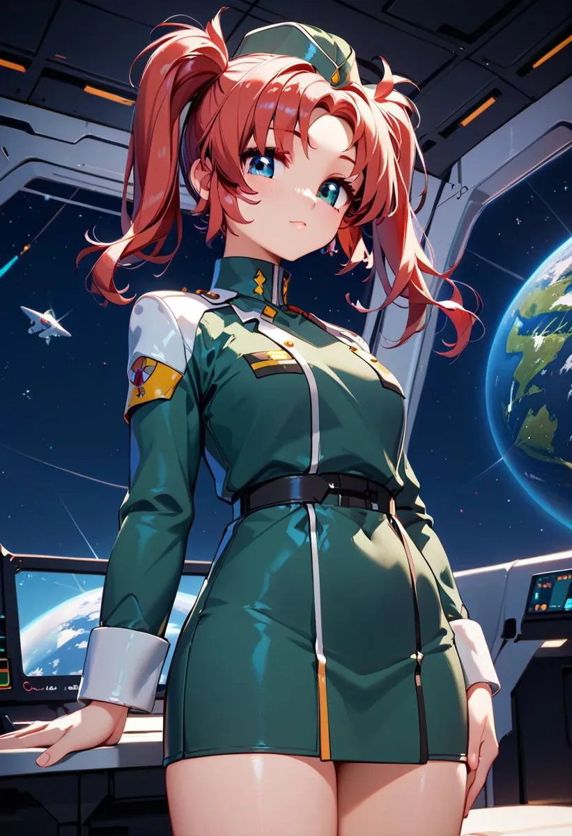 宇宙船内の緑の軍服を着た赤い髪のアニメ少女。