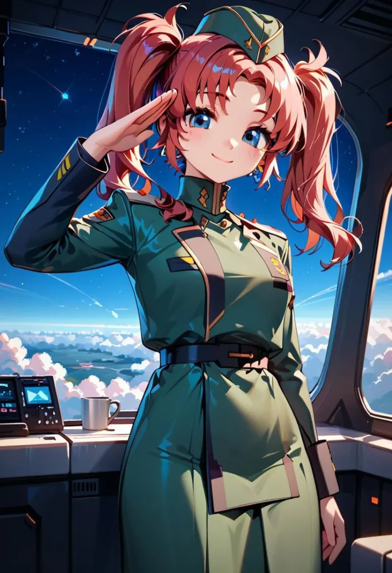 Anime girl with red hair and blue eyes in green military uniform saluting inside a spacecraft.