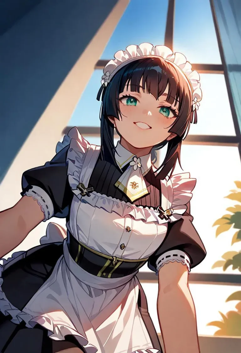 Anime girl in a maid outfit leaning forward in a sunlit room.