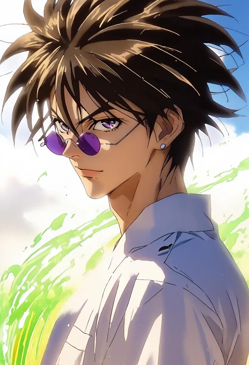 Anime-style portrait of a boy with spiky hair, wearing sunglasses, surrounded by a violet aura on a white background.