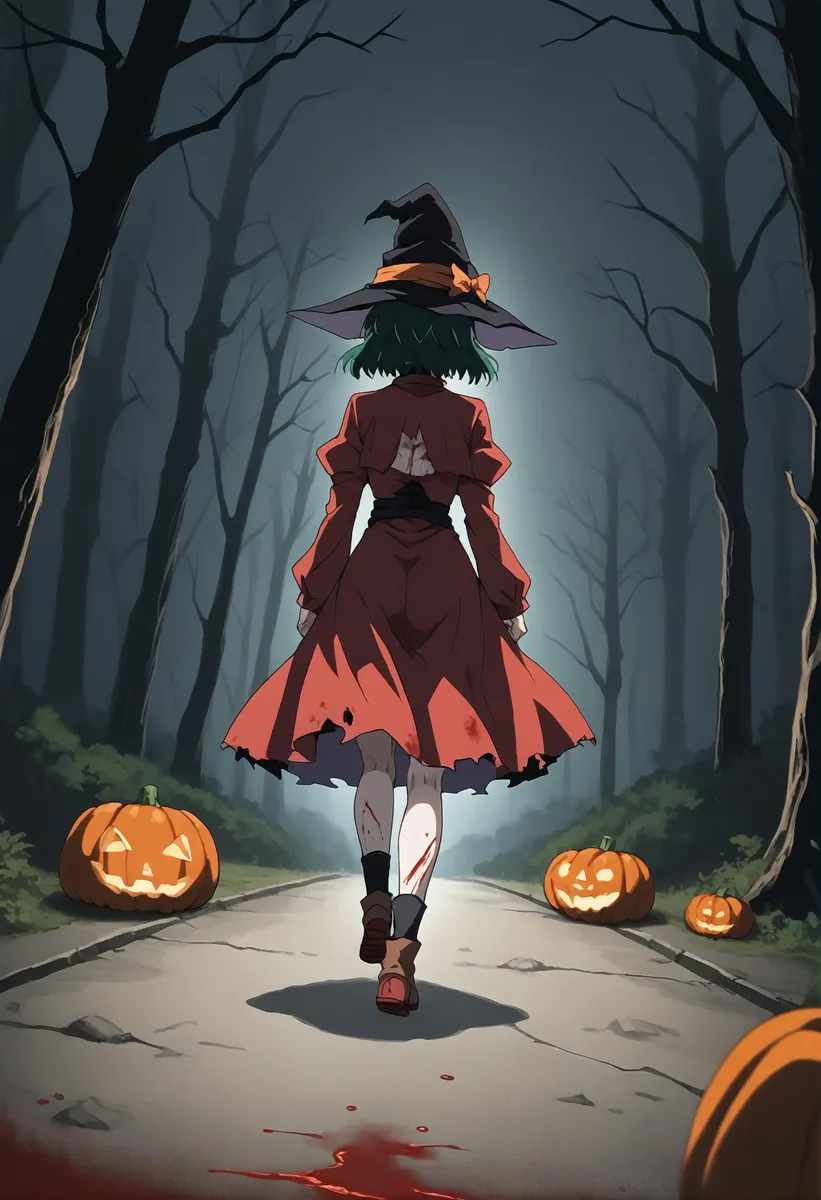 A witch in a Halloween costume running through a dark forest, surrounded by pumpkins.