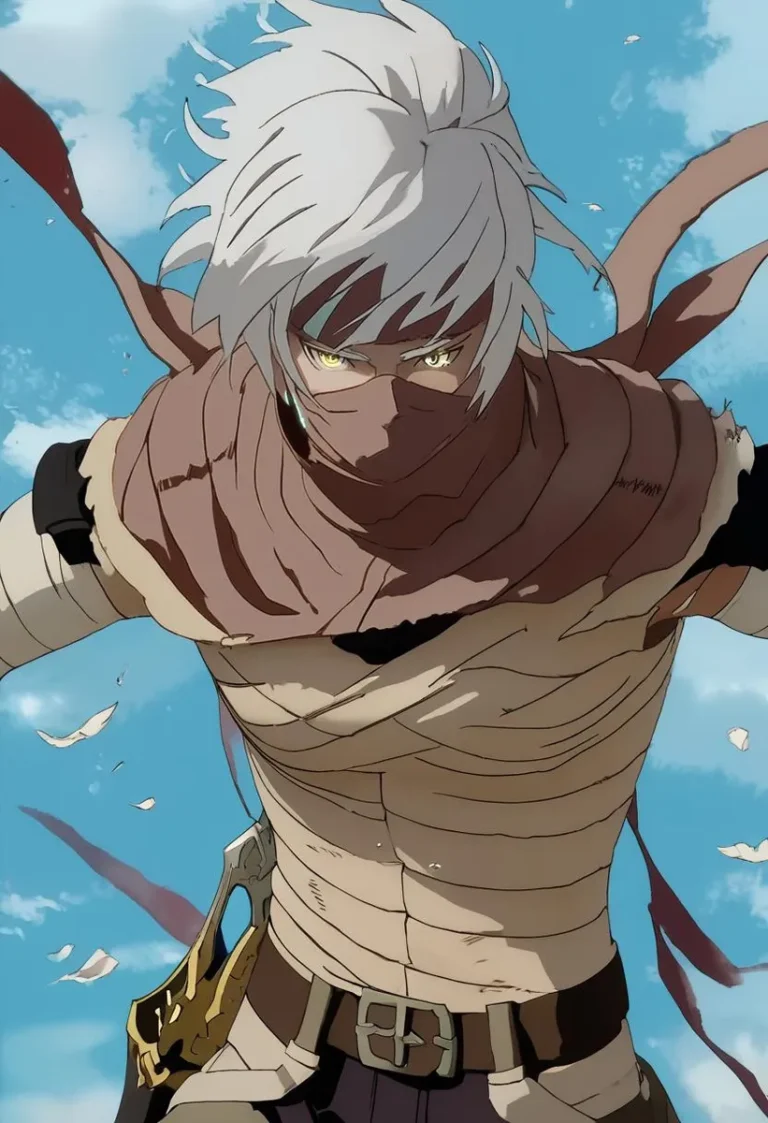 Anime character with white hair and mask in a dynamic fighting stance against a simple background.