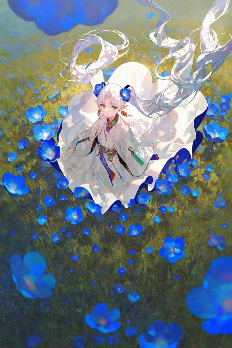 Artistic image of a character with white hair and green eyes in a field of blue flowers.