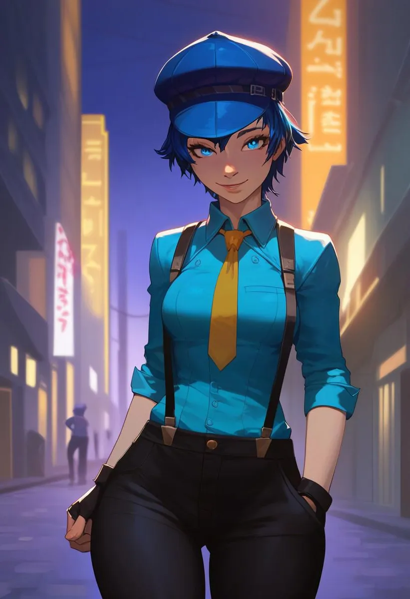 Voluptuous woman with blue hair and eyes in city street at night.