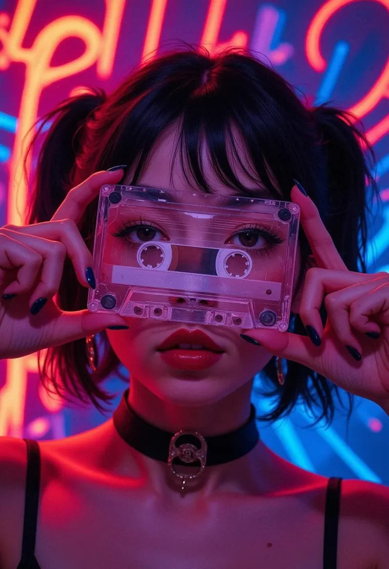 Woman holding cassette tape with neon lights background.