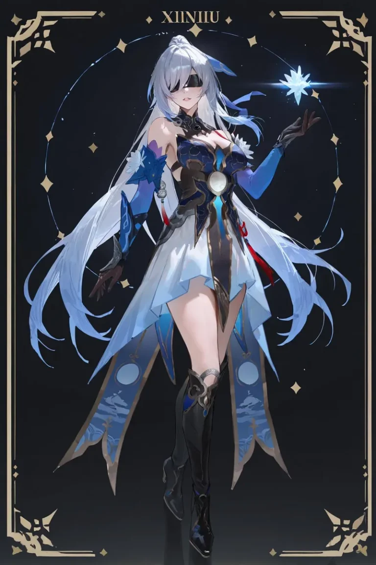 A character card depicting a solo female with long silver hair, wearing a blue and white Chinese dress. She has a blindfold with a crescent marking and carries an eyepatch, boots, and black gloves. The background features an abstract sun, moon, and stars with a card border.