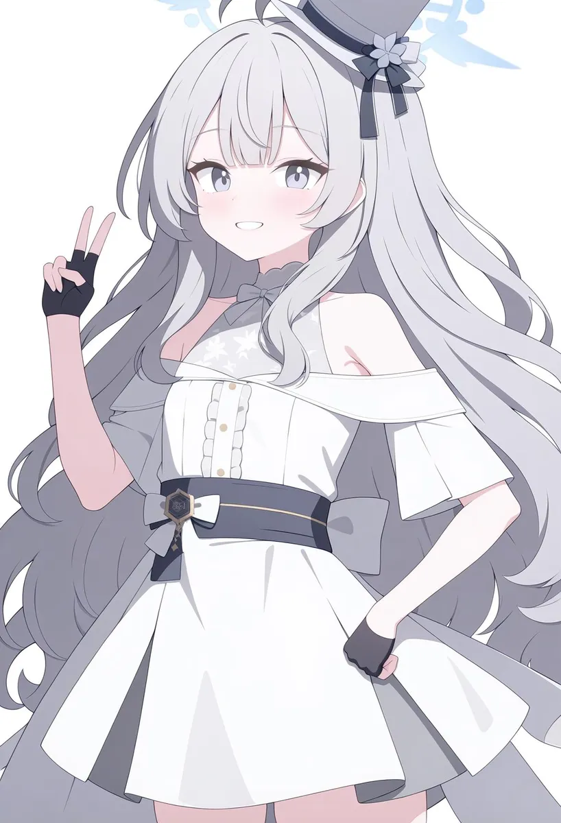 Anime girl with grey hair and top hat, wearing a white dress and black fingerless gloves, sitting with crossed legs on a white background.