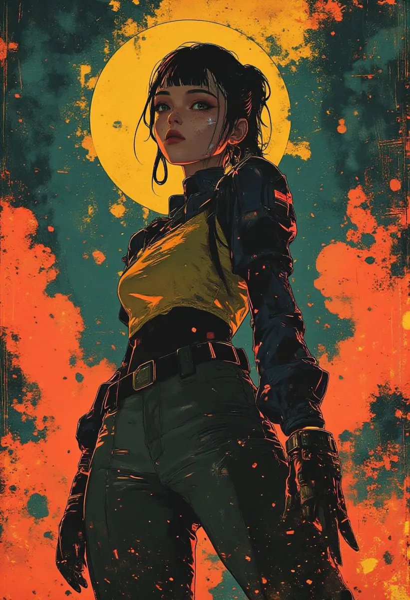 Anime-style illustration of a female character in cyberpunk attire with vibrant colors and an intense background.