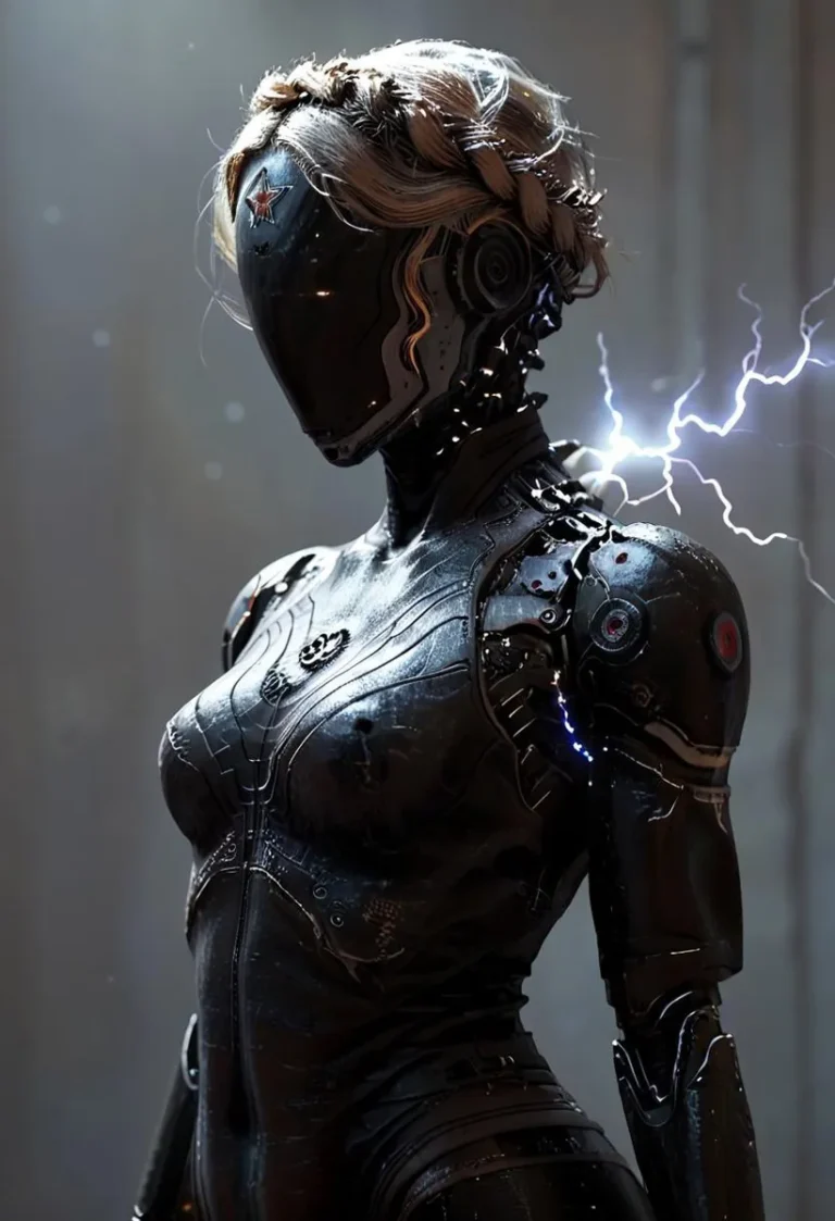 Cyborg woman with mechanical torso and spine, depicted in a high-quality cyberpunk style with electric effects.