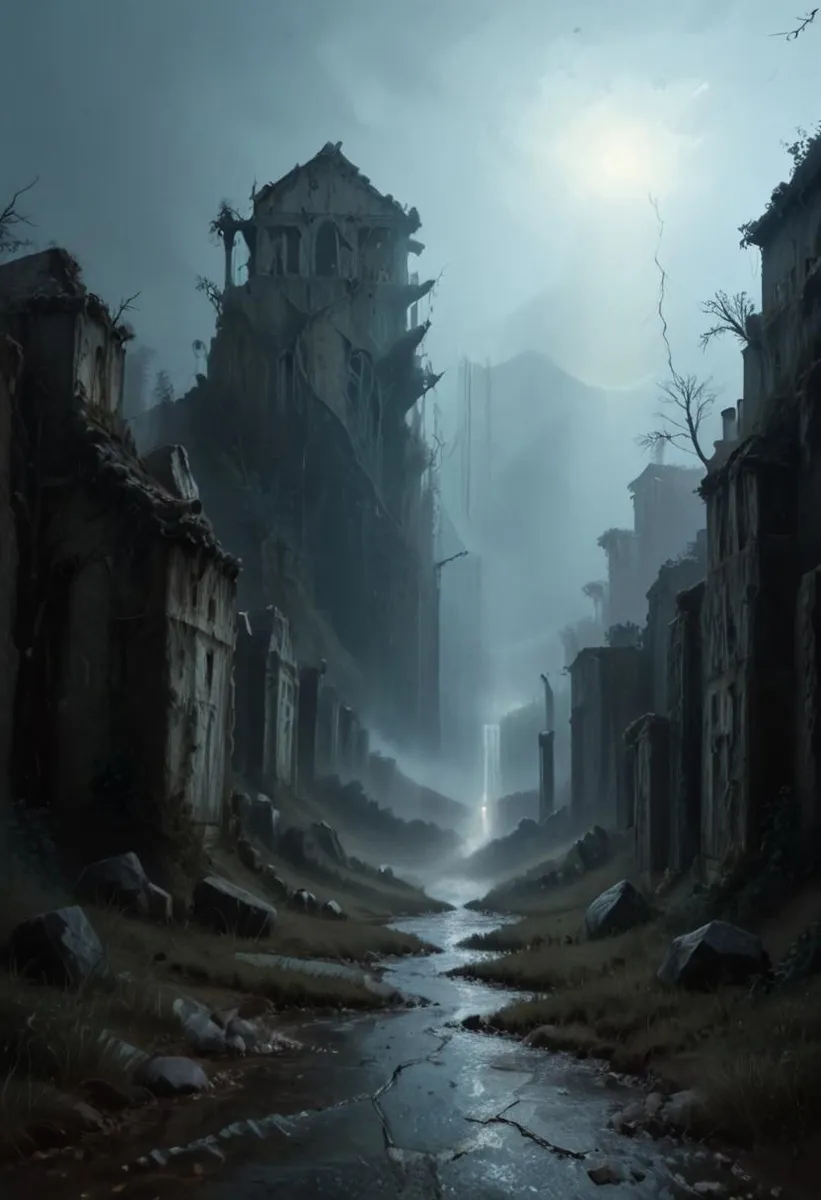 Decrepit graveyard ruins on a mountain during dusk, with fog, rain, and a lightning bolt in an oil painting style.