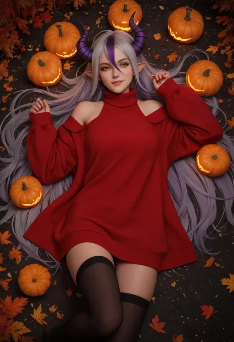 Demon girl with purple horns and multicolored hair, wearing a red sweater, lying amidst glowing pumpkins and autumn leaves at night.