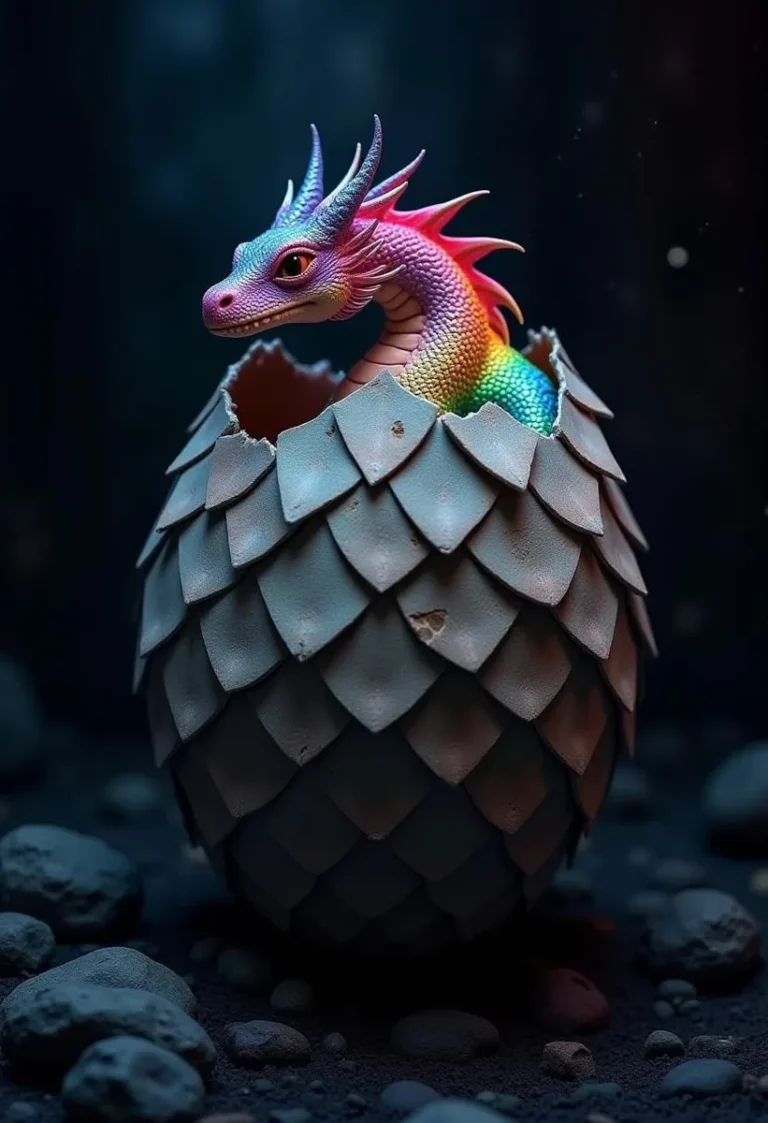 A highly detailed dragon egg with a rainbow dragon peeking out from the jagged top, emitting a rainbow glow in a dimly lit cave setting.