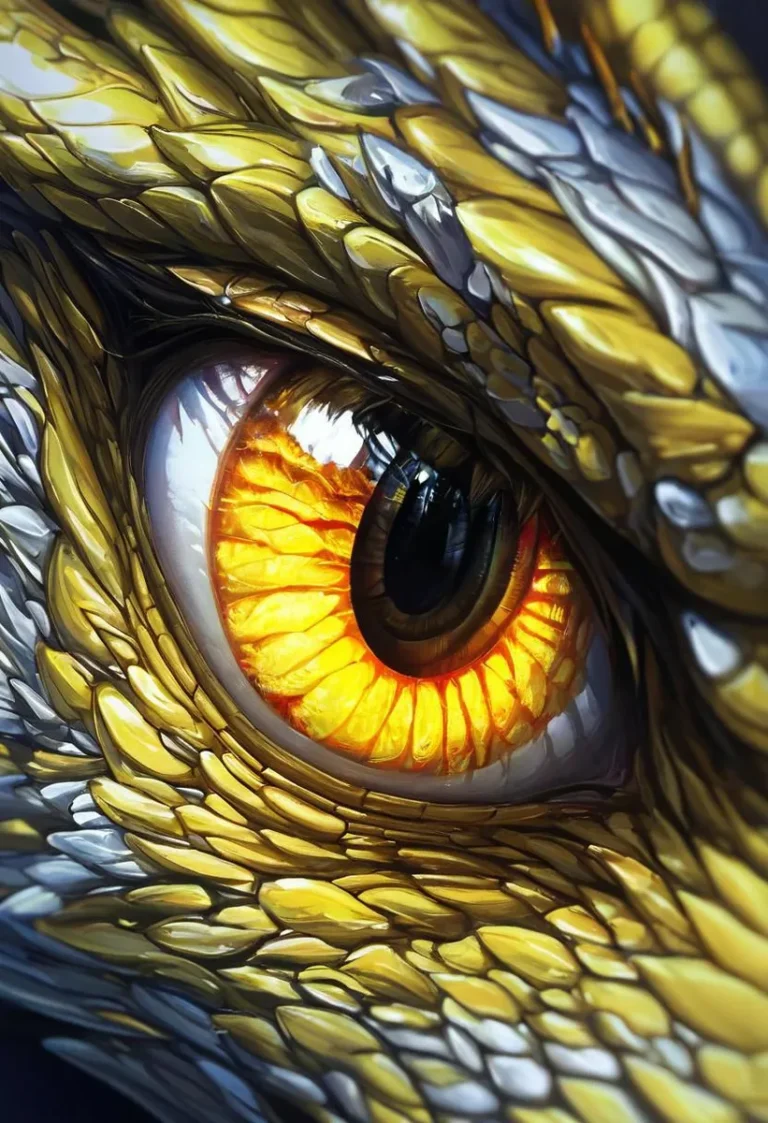 Close-up of a dragon's eye with a glowing yellow iris, showcasing intricate details and reflections.