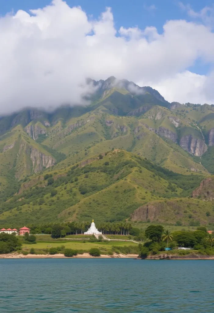 A serene view of duka hahalakwa with a lush green mountain and a reflective lake beneath a bright sky.