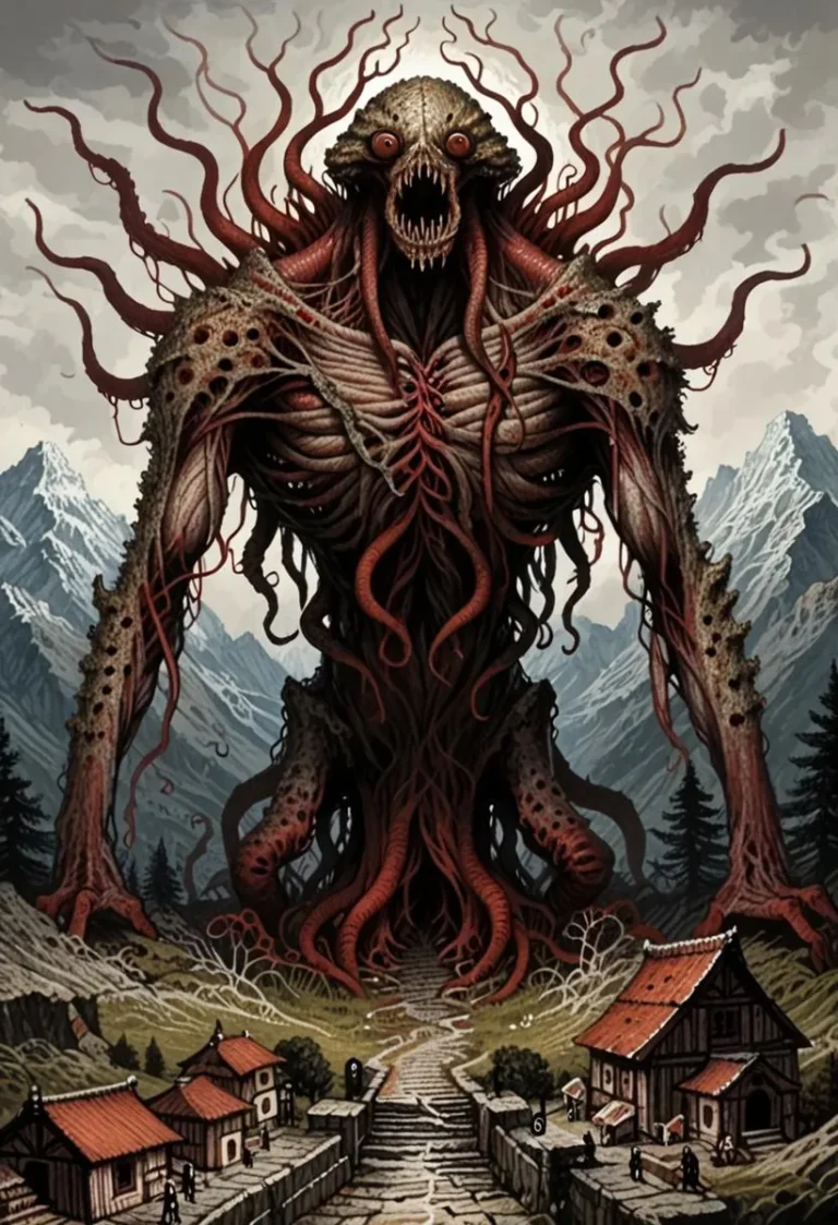 Intricate illustration of a giant Eldrazi-like creature with tentacles in a medieval village setting, next to mountains.