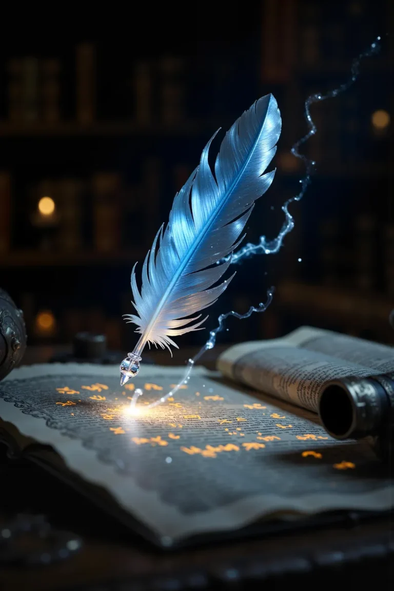 A hyper-realistic close-up of an enchanted quill with a pearlescent feather in shades of blue and silver, hovering above parchment with glowing runes.