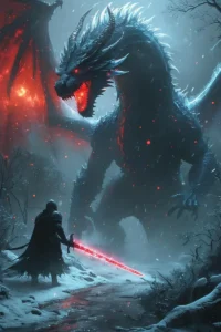 A warrior with a glowing sword faces a massive, fiery-eyed dragon in a snowy cyberpunk forest.