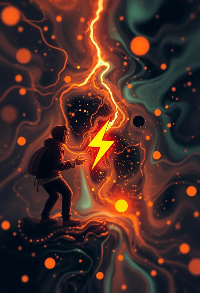 A person in a hoodie interacts with an abstract scene dominated by a vibrant lightning bolt, surrounded by swirling patterns and glowing orbs.