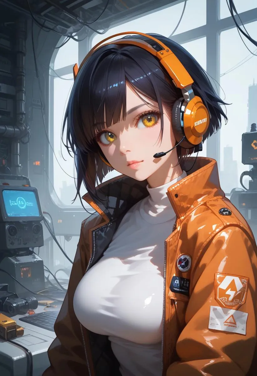 Young woman with short dark hair in a futuristic workshop, wearing an orange jacket and yellow goggles, with a confident expression.