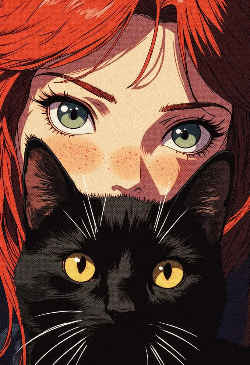 Freckled girl with light green eyes partly obscured by a black cat, which has glowing golden eyes. A soft painterly effect blends their features.