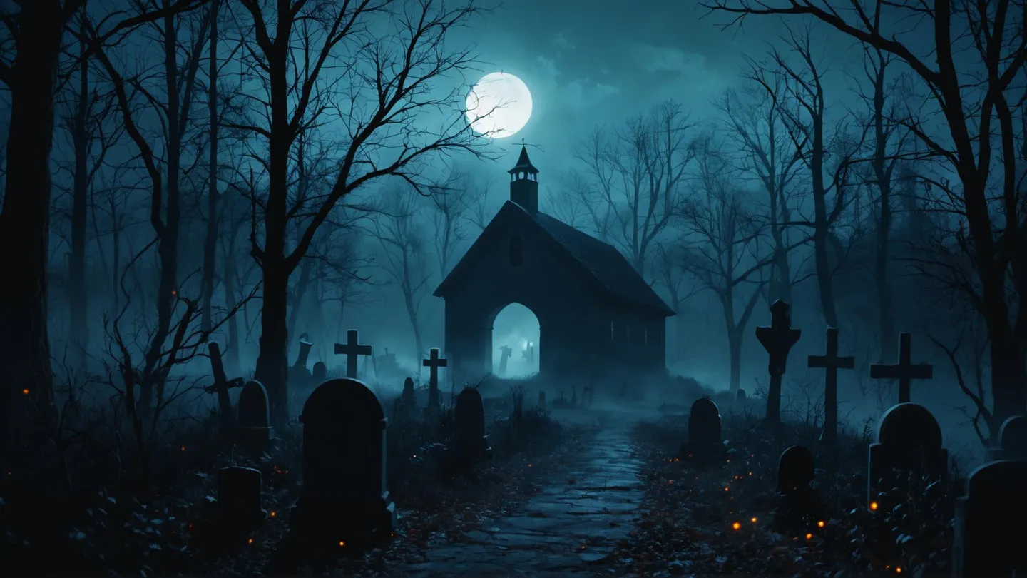 A dark graveyard at night with spooky lighting and foggy atmosphere.