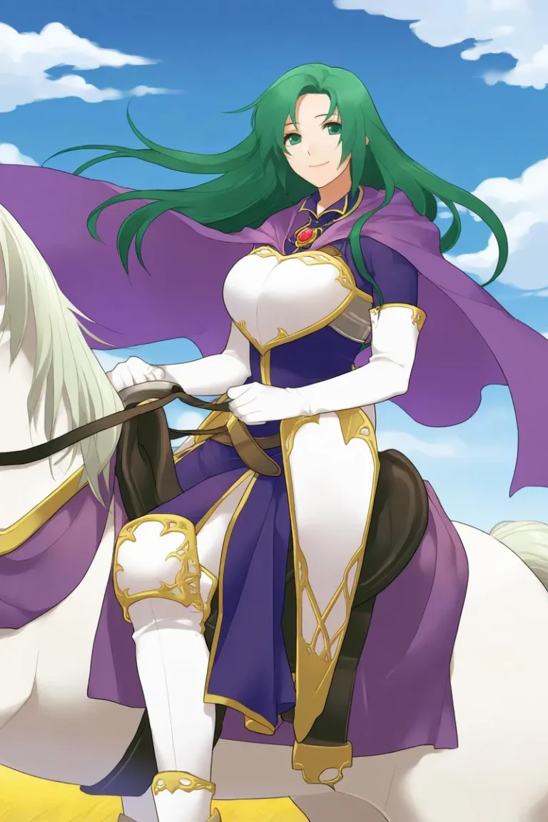 Anime-style girl with green hair riding a white horse, wearing a purple cape and armored dress in a field under a blue sky.