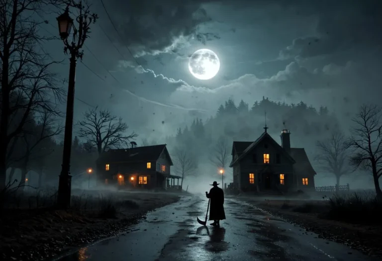 A spooky, moonlit village with a silhouetted figure holding a scythe, surrounded by fog and bats, creating a horror atmosphere.