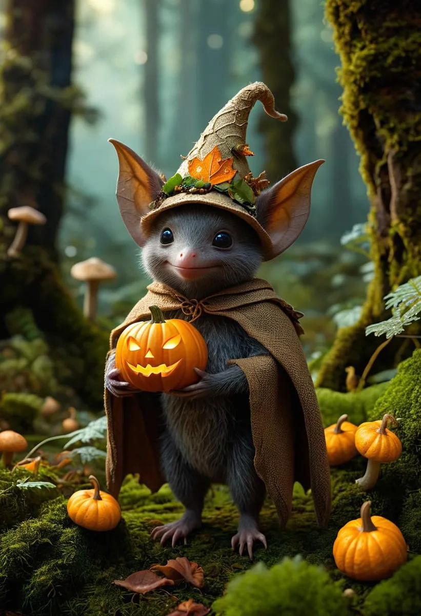 A cute humanoid bat with a pumpkin hat in a magical forest setting.