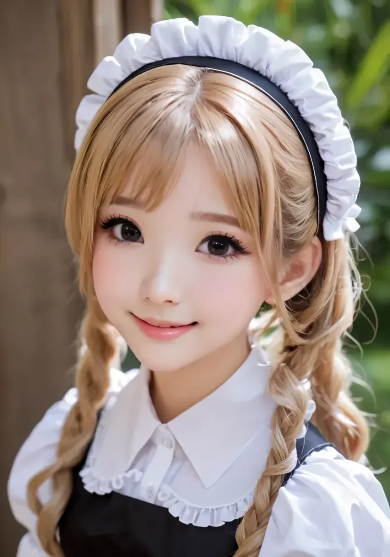 ツインテールで自然な笑顔を浮かべたかわいいメイドの高解像度画像。メイド制服を着用。