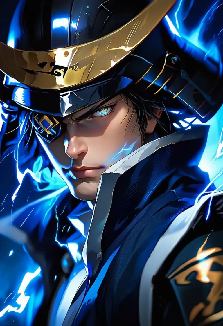 Anime-style portrait of a warrior with an eyepatch, featuring a blue aura and dynamic lighting.