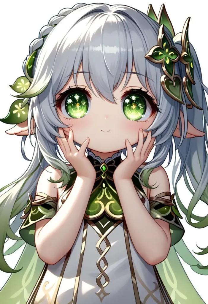 Closeup of nahida with large green eyes, anime style.