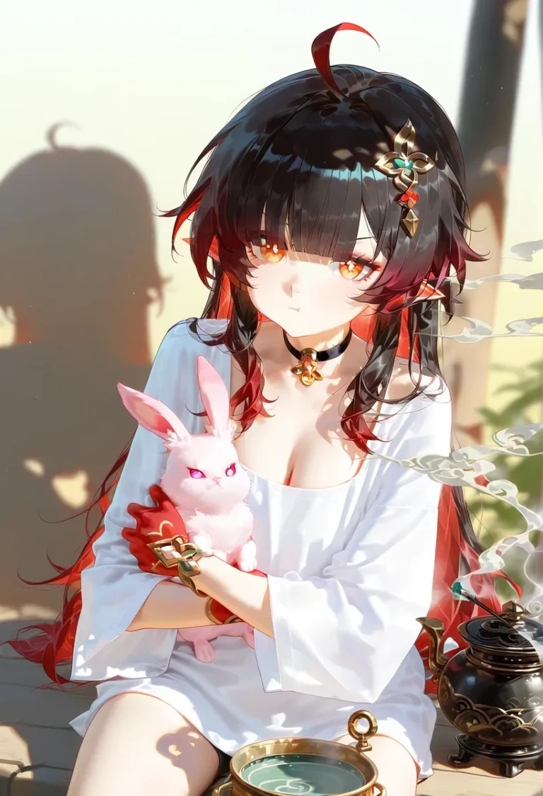 Nyalia holding a pink rabbit, sitting outdoors with sunlight and an incense burner, wearing a white shirt and choker.