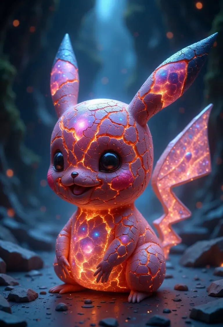 3D render of Pikachu with glowing galaxy cracks design.