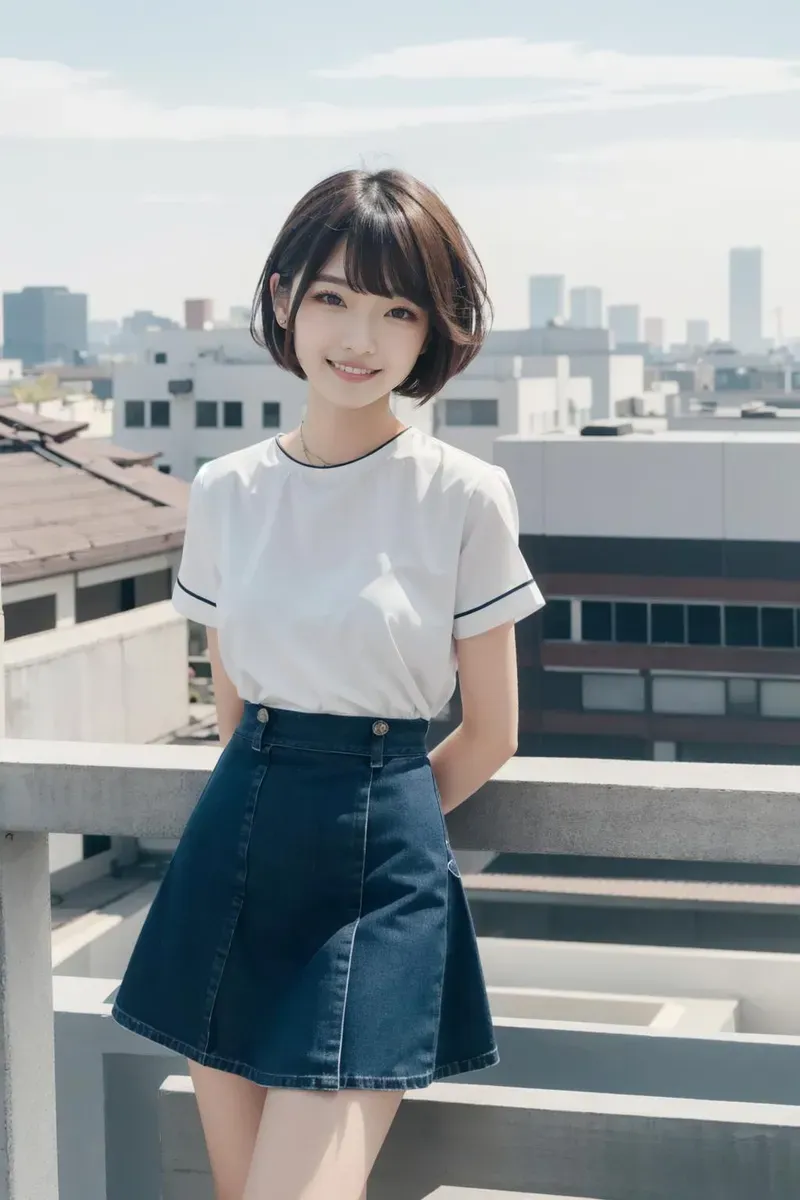 屋上であごまでのピクシーカットの髪を持つ笑顔の女の子、白いトップスと青いスカートを着用。