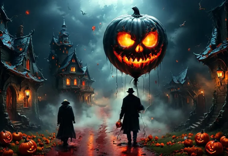 Shadow person holding a black luminous pumpkin balloon in a spooky Halloween fantasy setting with mist and detailed architecture.