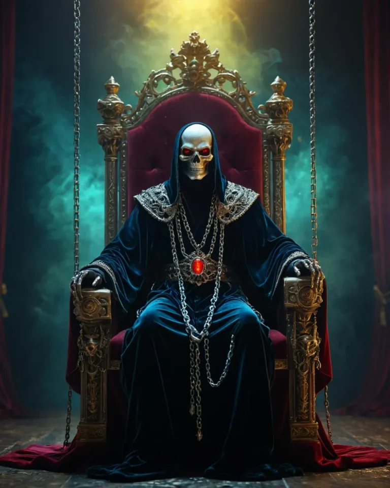 Skeleton with glowing eyes in a velvet robe on a throne, surrounded by hazy, colorful background and volumetric lighting.