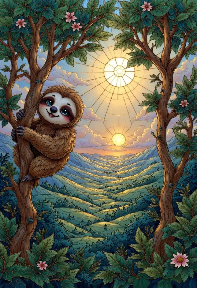 Stained glass artwork of a sloth in a tree with jungle and sunset.