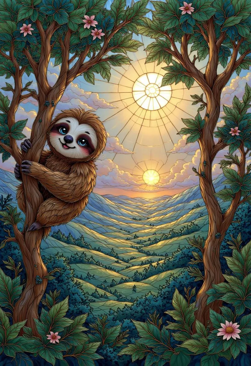 Stained glass artwork of a sloth in a tree with jungle and sunset.