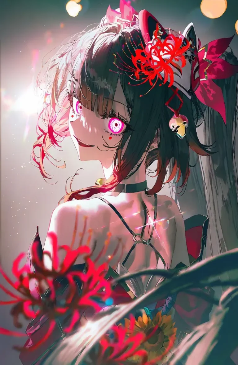 A girl with vivid eyes, surrounded by flowers and dramatic lighting.