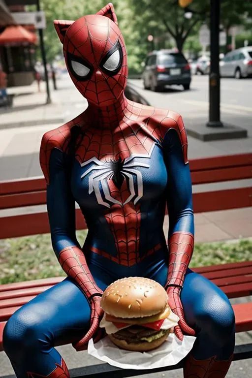 スパイダーマンのコスチュームを着た女性がベンチでバーガーと座っている。