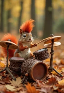 Squirrel with a red mohawk playing an organic drum set in an autumn forest.